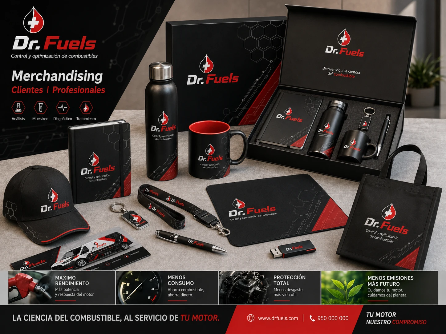 Presentación visual de material corporativo y merchandising DrFuels